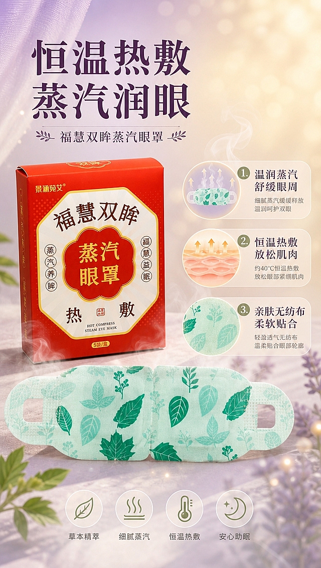 [商品] 使用【图1】左侧红色"福慧双眸 蒸汽眼罩"包装盒与浅绿叶片纹眼罩实物；保留包装盒红色主色、八角形标签、文字排版、Logo与眼罩的叶片图案、无纺布材质质感；自然展示眼罩展开形态，体现真实产品样貌。
[画面] 页面目标：蒸汽眼罩专页，突出热敷放松与恒温蒸汽特点。构图：左侧大尺寸眼罩展开实物，右侧蒸汽热敷机理示意（温润蒸汽从眼罩缓缓上升的可视化效果），后方斜放产品包装盒；产品占画面约60%。前中后景：前景柔和蒸汽雾气与光斑，中景眼罩主体+包装盒，后景浅紫+暖米色渐变柔雾背景，带温暖光晕。
[视觉] 套系策略：风格=温柔草本养生风商业摄影；标题字=柔美宋体粗体；正文字=简洁无衬线体；主色=浅紫色+莫兰迪绿+暖米色；背景延展=基于浅紫与暖米色做柔雾渐变、同色深浅层级和细腻纸张/纱质质感；强调色=莫兰迪艾草绿，仅用于小面积图标、引线和标签点缀；标题色=深紫灰；正文色=中暖灰；组件=圆角浅底信息卡、细线引线、草本叶片装饰；光影=左前侧暖柔光，柔和漫射，阴影轻淡。
[文字] 顶部主标题「恒温热敷 蒸汽润眼」，副标题「福慧双眸蒸汽眼罩」；右侧3个编号卖点：「1. 温润蒸汽 舒缓眼周」「2. 恒温热敷 放松肌肉」「3. 亲肤无纺布 柔软贴合」；文字区在右上和右侧，不遮挡眼罩主体图案。
[规格] 淘宝/天猫详情页，单屏比例9:16竖版，4K分辨率，无水印，无平台Logo，无极限词，避免变形、错字、包装文字错乱、冷蓝灰背景。