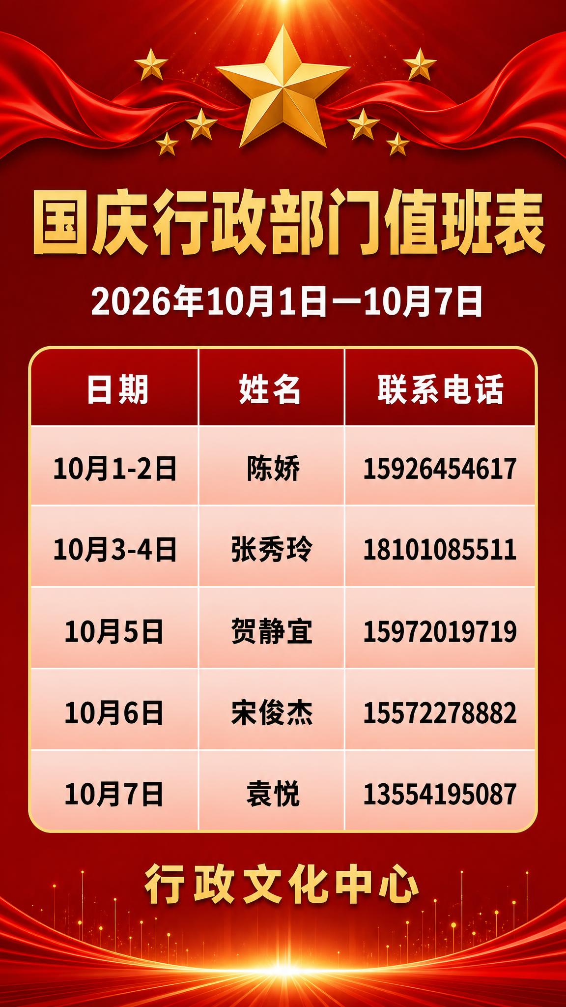 基于参考图重新生成国庆行政部门值班表海报，竖版9:16。深红色… - 图片创意预览