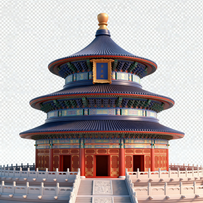 天坛作为主体背景，使用立体3D元素设计，整体保留透明背景，超高清4K画质，精致清晰的天坛结构，干净立体的视觉效果预览效果
