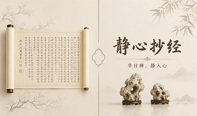 对称式新中式抄经海报，米白色宣纸底，左右对称布局，左侧展开手抄心经长卷，右侧是主标题"静心抄经"，副标题"半日禅，静入心"，底部点缀两个太湖石小摆件，整体雅致干净，1080×640px横版，无额外信息