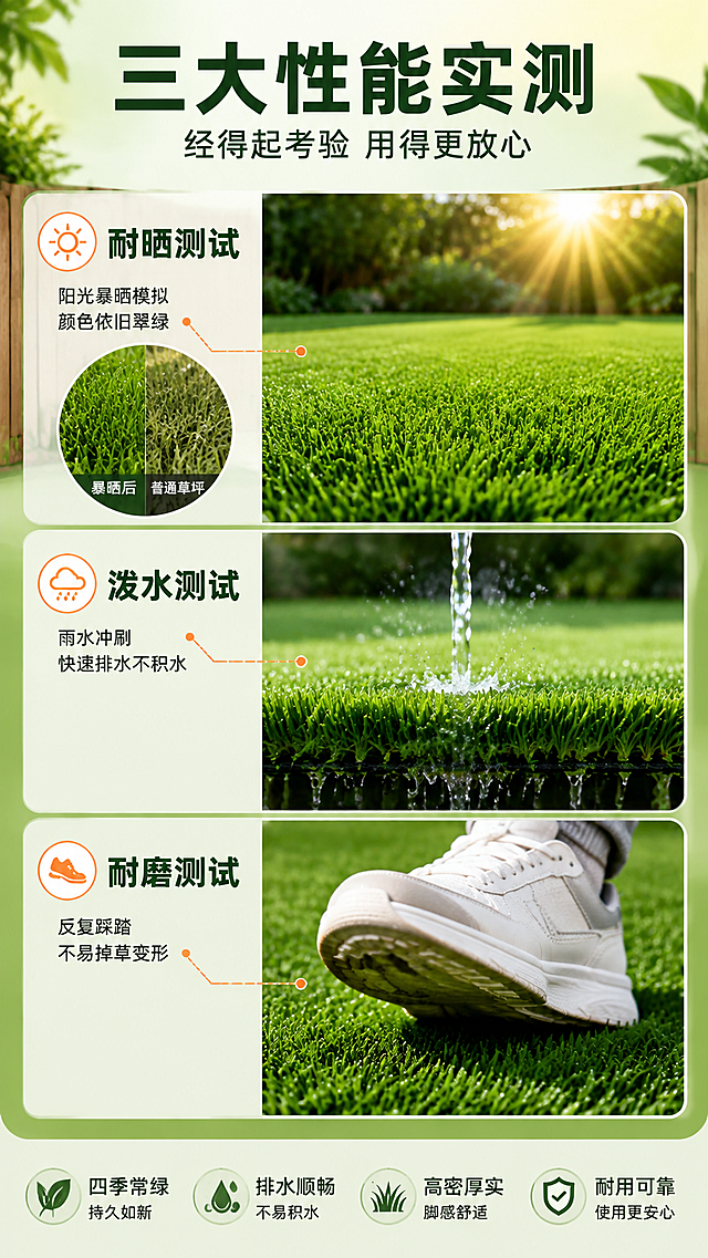 [商品] 使用【图1】仿真草坪产品；保留绿色草丝颜色、草丝密度与质感。
[画面] 页面目标：功能测试验证，证明耐晒耐雨耐磨品质。构图：左右对比或上下分区的测试场景，上方主副标题。景别：测试实验场景。包含3个测试可视化：1.耐晒测试「阳光暴晒模拟 颜色依旧翠绿」配放大镜下草丝对比 2.泼水测试「雨水冲刷 快速排水不积水」配水流浇在草坪上的画面 3.耐磨测试「反复踩踏 不易掉草变形」配鞋底踩踏特写。
[视觉] 套系策略：风格=自然清新户外商业摄影风；标题字=粗黑体现代无衬线；正文字=简洁无衬线体；主色=翠绿色；背景延展=基于翠绿色做深浅层级、同色渐变与自然植物/木质纹理质感；强调色=暖橙色，仅用于小面积图标、引线和标签；标题色=深墨绿；正文色=深灰；组件=圆角浅底信息卡、细线引线、圆形icon；光影=明亮清晰，突出测试效果对比。
[文字] 顶部主标题"三大性能实测"，副标题"经得起考验 用得更放心"。每个测试项配标题+简短结果说明，文字横排。不使用具体数值承诺，用"耐晒不易褪色""排水顺畅""耐磨不易掉草"等保守表达。
[规格] 图片比例9:16竖版，4K，避免变形、错字、文字过小、冷蓝灰背景、草丝颜色改变、夸张虚假效果。