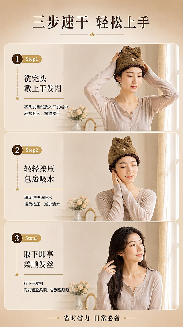 [商品] 使用【图1】法式印花花边干发帽；保留棕咖碎花、荷叶边、蝴蝶结、珊瑚绒材质与结构；展示佩戴使用过程中的不同状态，不改变颜色和版型。
[画面] 目标：使用步骤演示，三步流程展示干发帽便捷使用。竖屏9:16，纵向三段式步骤条，从上到下依次为：Step1 洗完头戴上干发帽；Step2 轻轻按压包裹吸水；Step3 取下即享柔顺发丝。每步配亚洲女性模特半身动作图，动作真实自然。产品占画面50%。
[视觉] 套系策略：风格=法式温柔暖调家居商业摄影；标题字=优雅宋体粗体；正文字=简洁无衬线黑体；主色=棕咖色；背景延展=基于棕咖做米白→浅咖→深棕的同色系渐变与暖调墙面/织物质感；强调色=奶金色，仅用于小面积图标、引线和标签；标题色=深棕；正文色=暖灰棕；组件=圆角浅咖信息卡、细线引线、数字步骤标；光影=右侧暖调自然光，柔和侧逆光勾勒轮廓。
[文字] 顶部主标题「三步速干 轻松上手」，每步配短文案：①套入头发 ②按压吸水 ③取下即干，底部补充「省时省力 日常必备」。所有文字横排，步骤编号清晰。
[规格] 抖音竖屏9:16，4K分辨率，避免变形、错字、文字过小、冷蓝背景、颜色改变、版型失真。