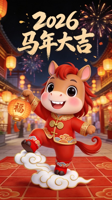 一只卡通版马设计的IP形象，采用国风传统风格。奔跑的骏马，营造出活泼可爱且充满喜庆的氛围，契合马年新年主题。马越起来站立，耳朵小巧圆润竖直向上，眼睛又大又圆，呈明亮黑色。它嘴巴咧开露出洁白整齐牙齿，嘴预览效果