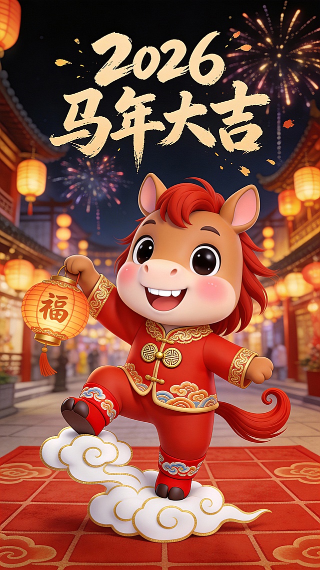 软3D风拟人小马，身着国潮红衣，手持灯笼，立于祥云之上，背景烟花绽放，喜庆卡通感十足，寓意2026马年大吉。