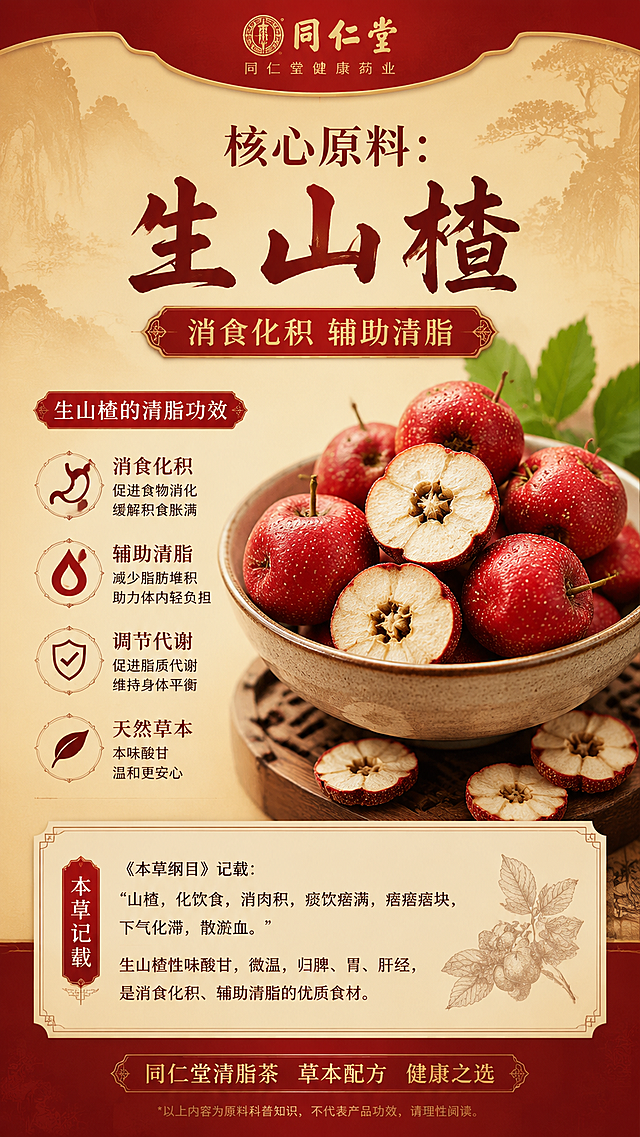 同仁堂清脂茶详情页第四页，详细介绍第一个核心原料生山楂，展示原料实物图，配文字说明生山楂的清脂功效，标题写"核心原料：生山楂 消食化积 辅助清脂"，9:16竖版，传统国风养生风格，红黄色配色。