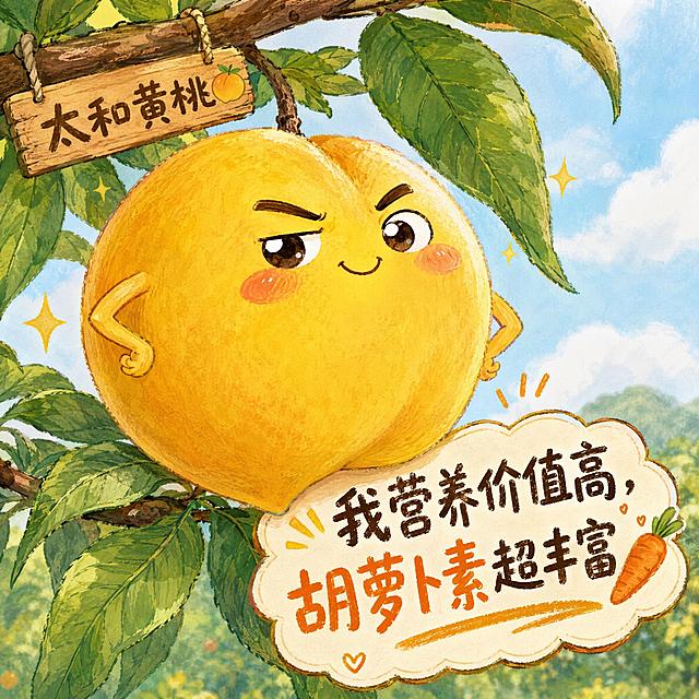 手绘卡通风格，一颗长在枝头的太和黄桃，拟人化表情一脸骄傲，黄桃身上配有文字：'我营养价值高，胡萝卜素超丰富'，整体画风可爱生动
