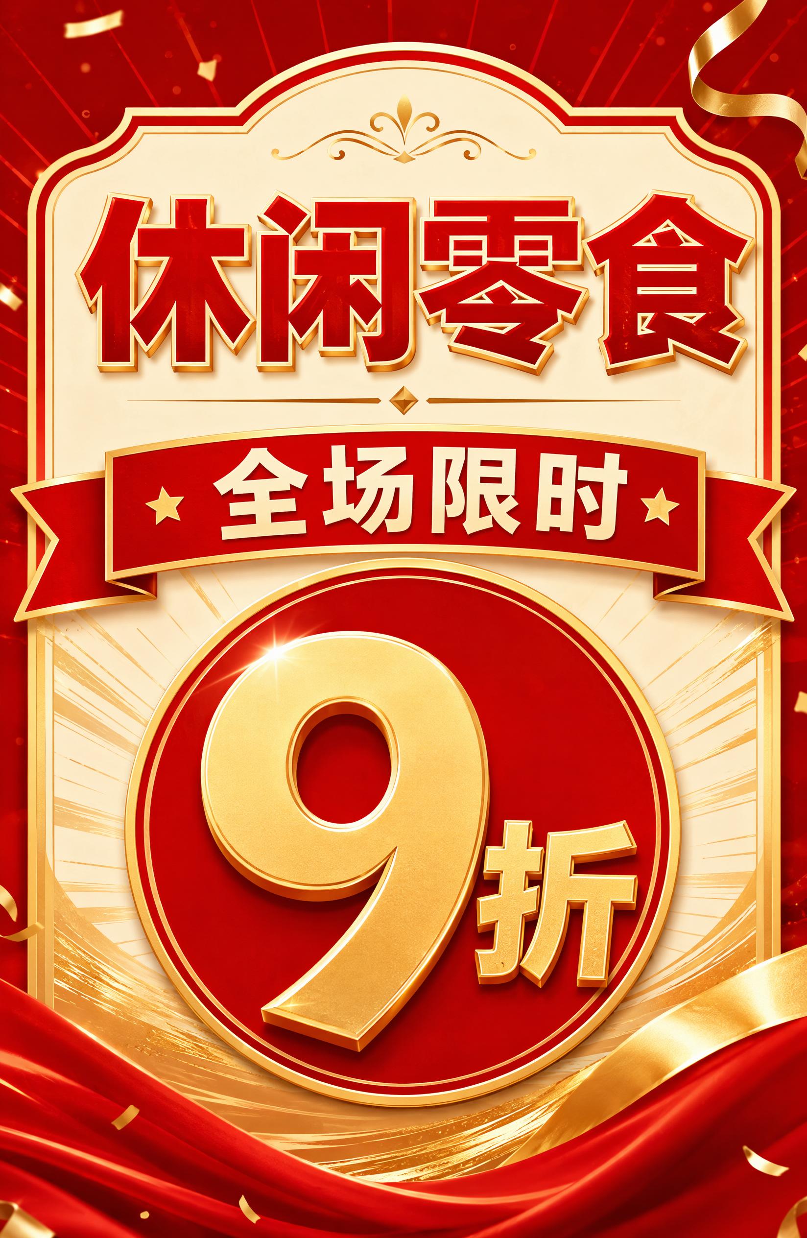 经典红金促销风格的休闲零食促销海报，只显示关键信息：主标题文字… - 图片创意预览
