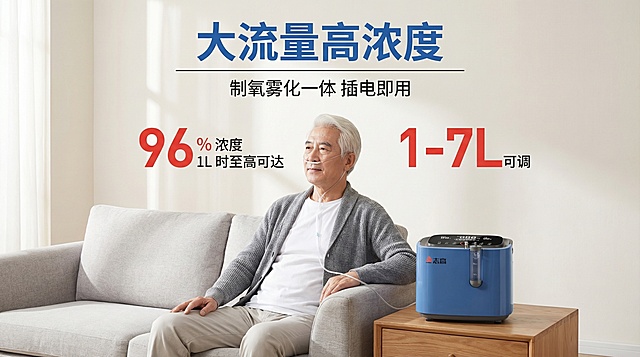 用这张图片代入场景生成一张800乘800主图，要求如下：
场景：明亮的现代客厅，以浅灰色沙发为背景，引入柔和自然光，营造放松舒适的居家氛围；
主体元素：
人物：一位中老年男士，发色灰白，穿白色 T 恤 + 灰色开衫，坐在沙发上，佩戴呼吸面罩自然使用志高制氧机神态放松；
文字布局：
顶部：蓝色大字 “大流量高浓度”，下方加细黑线，再配小字 “制氧雾化一体 插电即用”；
中部：左侧红色大号 “96”，旁注 “% 浓度”+“1L 时至高可达”；右侧红色大号 “1-7L”，旁注 “可调”；
风格：简约温馨的居家实用风，色调明亮柔和，突出产品的便捷性与使用时的舒适感。