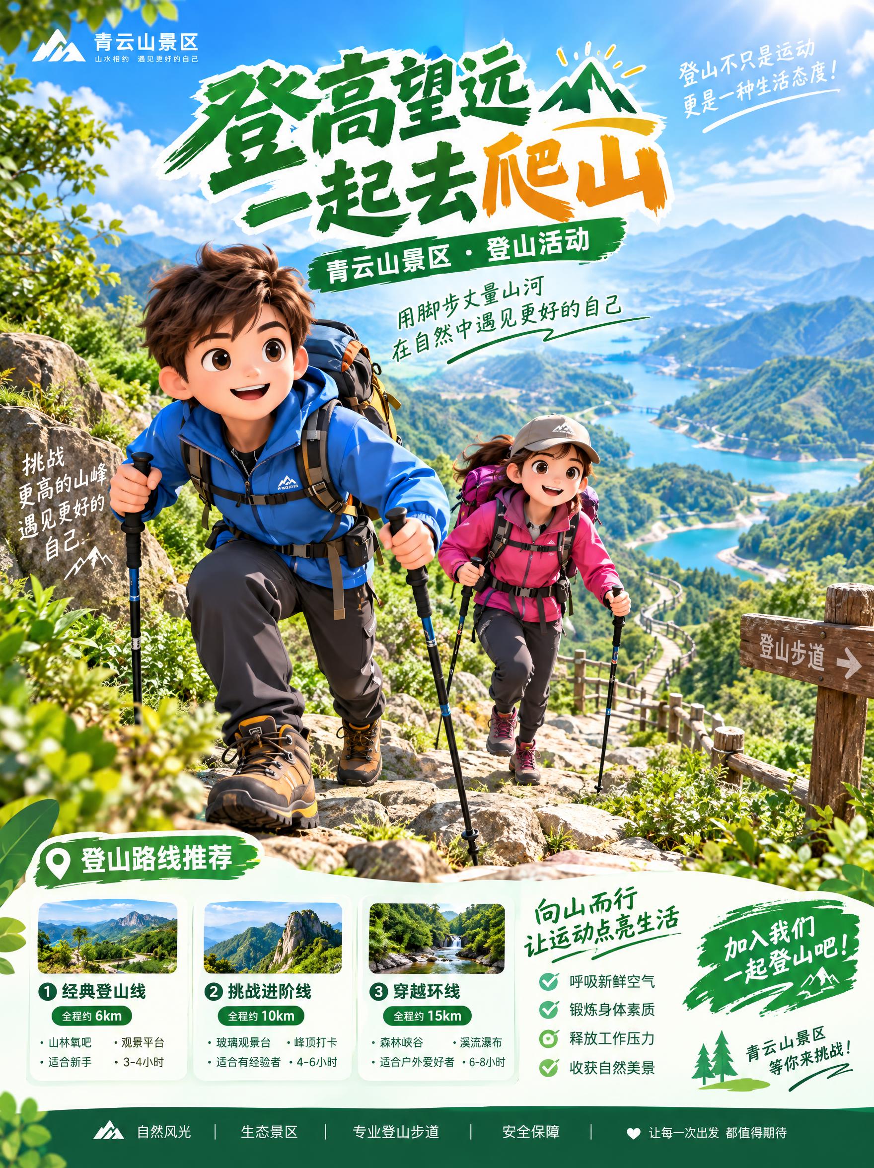 景区商业宣传海报，画面主体是两个立体动漫风格的小人正在爬山爬坡… - 图片创意预览