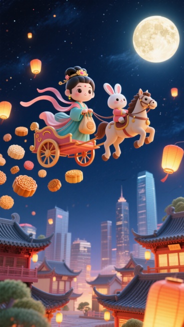 天空上Q版嫦娥驾着马车，拿着袋子，Q版小玉兔坐在马上，空中悬浮许多月饼，下方是传统中式建筑群与现代城市建筑交织的景观，背景夜空，点缀月亮和小灯笼预览效果