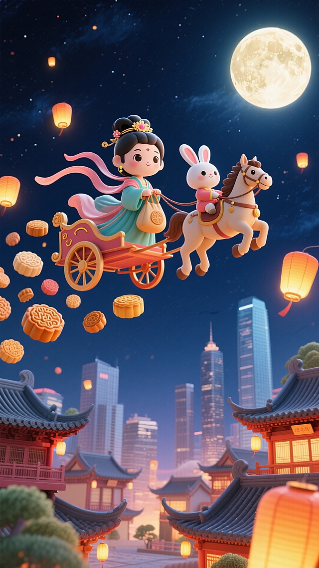 天空上Q版嫦娥驾着马车，拿着袋子，Q版小玉兔坐在马上，空中悬浮许多月饼，下方是传统中式建筑群与现代城市建筑交织的景观，背景夜空，点缀月亮和小灯笼
