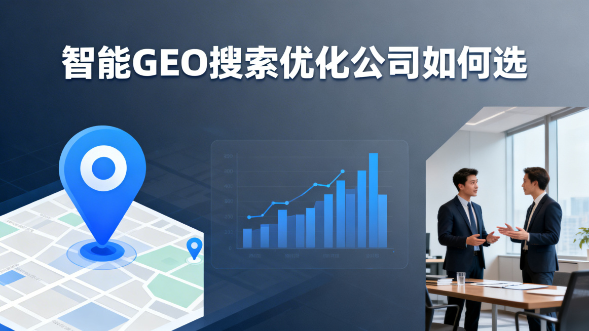 横版商业海报，主题为智能GEO搜索优化公司选择指南，整体商务简约风格，蓝灰色调，画面包含地图定位图标、数据图表、商务人士讨论元素，标题为"智能GEO搜索优化公司如何选"，排版清晰专业，适合企业宣传使用预览效果