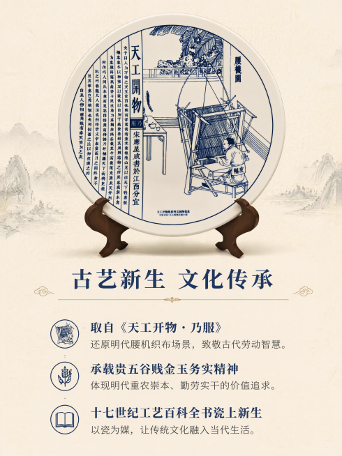 [第2屏] 文化故事页-天工开物腰机图文化内涵展示。
[氛围/风格] 文雅书香风，清晰图文排版，商业设计质感。
[元素布局] 陶瓷盘整体放置在画面上半部分，展示完整腰机图案，保留清晰细节。下半部分为文预览效果