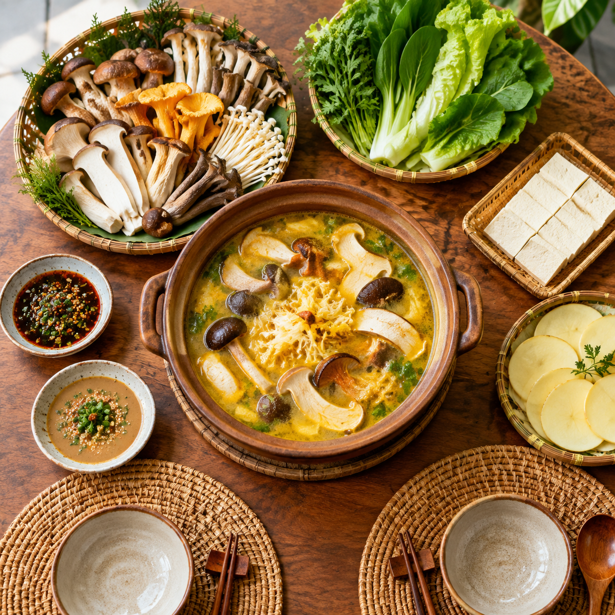 高清美食摄影俯拍：圆形木桌中央摆放菌子火锅土陶锅，金黄菌汤中可… - 图片创意预览