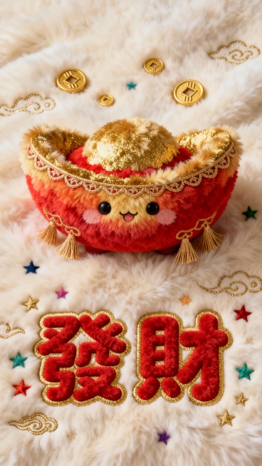 一张具有毛绒质感的发财主题设计图，整体采用米白色毛绒材质作为背景，触感柔软细腻。画面中央是一只色彩鲜艳的卡通毛绒小元宝，元宝呈圆润饱满的形状，表面覆盖着金色和红色渐变的毛绒，边缘有精致的毛绒流苏装饰，预览效果