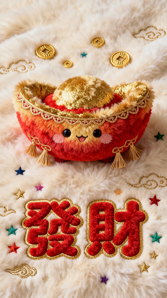 国潮风毛绒金元宝拟人设计，刺绣质感“发财”字样，搭配金币与祥云点缀，喜庆可爱，充满节日氛围。