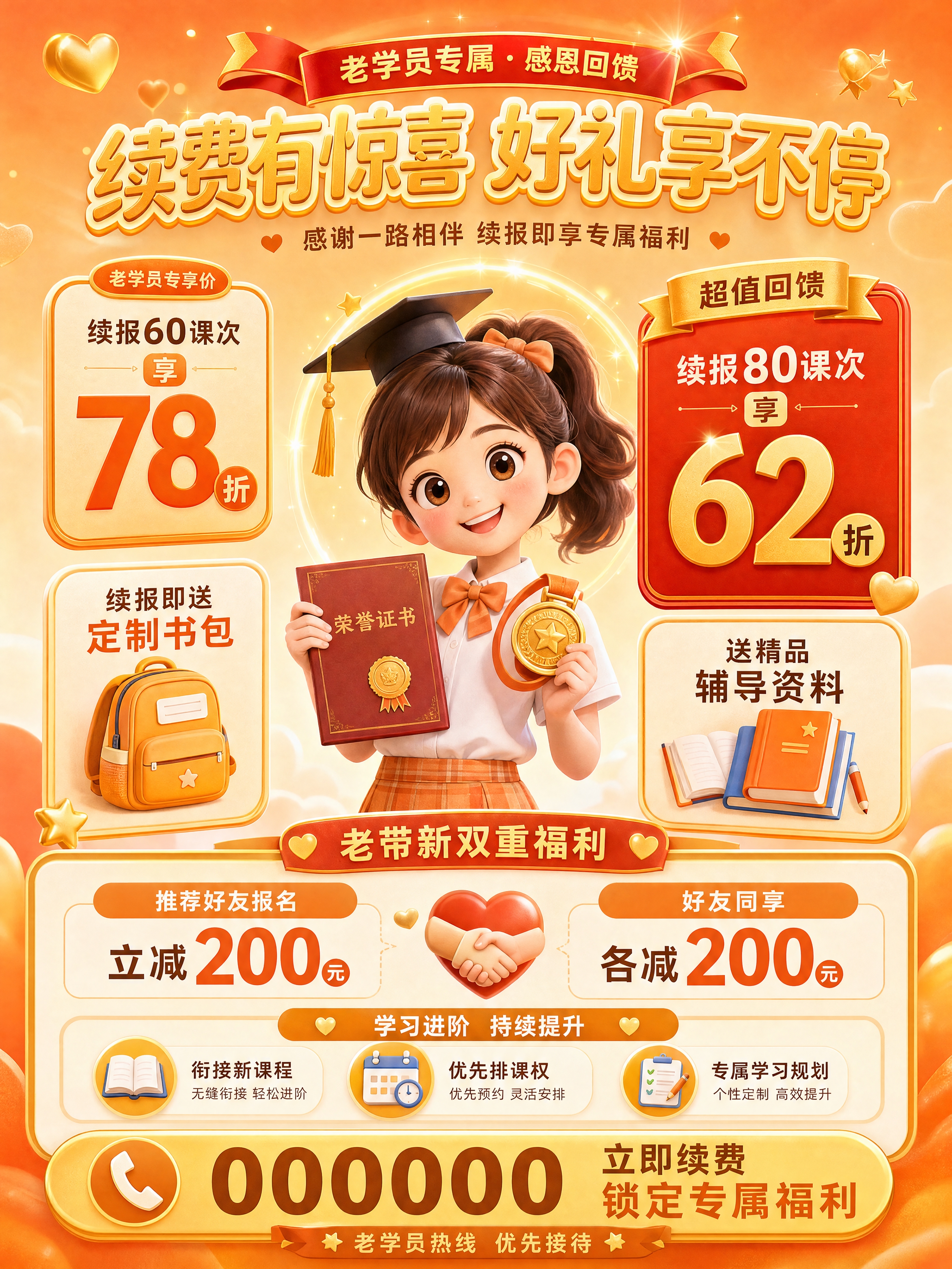 教培老学员续费海报，3:4竖版正常比例，暖橙感恩温馨3D卡通风… - 图片创意预览