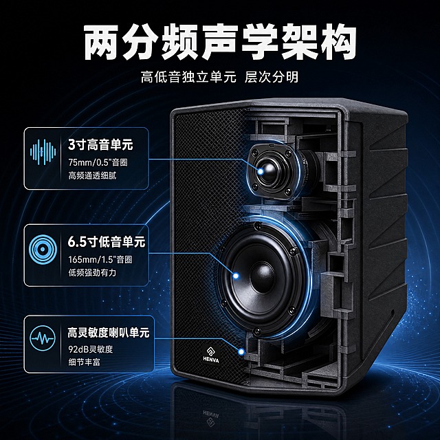 [商品] 使用【图1】HENVA HW-CP6.5专业音箱；保留箱体外观轮廓、正面网罩、HENVA Logo、侧面造型；以剖面/爆炸示意方式展示内部声学结构，外部箱体保持原貌，内部结构为技术示意，不虚构不存在的部件。
[画面] 目标：核心技术讲解，展示两分频声学结构与工作原理。构图：产品位于画面中央，采用半透明剖面效果，正面可见网罩后内部的6.5寸低音单元和3寸高音单元位置，用引线标注各部件。左侧或右侧放置技术说明文字。背景：深色科技空间，有淡蓝色声波扩散波纹从音箱向外扩散的视觉效果，底部有微弱反射。前景点缀声波粒子，中景产品剖面清晰，远景深色渐变。
[视觉] 套系策略：风格=深色科技专业商业摄影风；标题字=现代无衬线粗黑体；正文字=简洁无衬线中黑体；主色=深炭黑/深灰；背景延展=基于深炭黑做深浅渐变、科技网格、声波线条和细腻金属质感延展；强调色=科技蓝，仅用于小面积图标、引线、标签和局部光效；标题色=纯白；正文色=浅灰；组件=细线圆角信息卡、声波图标、数据标签；光影=前侧主光+内部单元发光效果，突出剖面结构层次。
[文字] 顶部主标题「两分频声学架构」，副标题「高低音独立单元 层次分明」。引线标注3处：1.「3寸高音单元」75mm/0.5"音圈，高频通透细腻；2.「6.5寸低音单元」165mm/1.5"音圈，低频强劲有力；3.「高灵敏度喇叭单元」92dB灵敏度，细节丰富。文字横向排版，引线清晰指向对应部件，不遮挡Logo。
[规格] 图片比例1:1方版，4K分辨率，京东平台适配，中文文案。避免变形、错字、文字过小、虚构内部结构、产品外观改变、极限词。