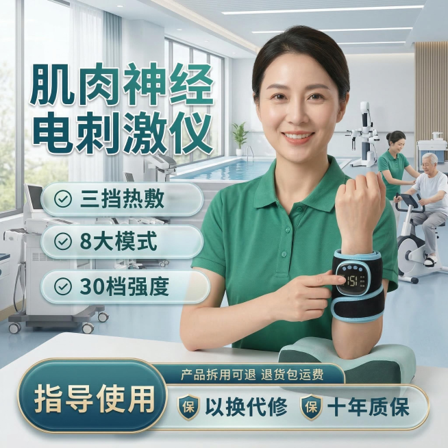 基于原图重新修改生成：保持产品（肌肉神经电刺激仪）外观完全不变，更换全新不同亚洲模特，改变肢体佩戴康复动作，更换背景为现代化明亮医院康复中心室内场景，保留全部卖点文字内容：肌肉神经电刺激仪 三挡热敷预览效果