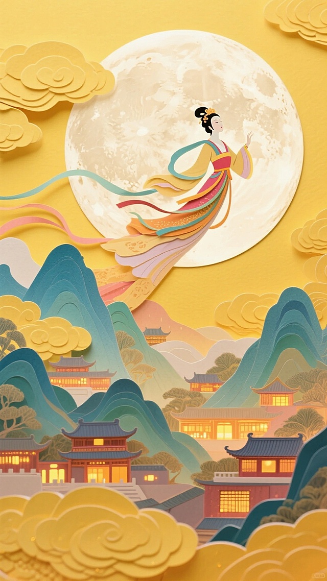 撕纸风插画，嫦娥飞天揽月，古典建筑与层叠山峦交织，暖黄月光映照温馨中秋夜，融合中式美学与梦幻浪漫。
#中秋国庆·双节献礼