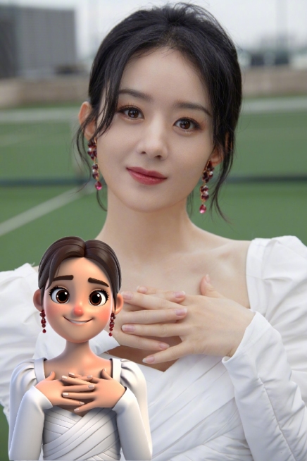 3DQ版，将照片中的人生成为3D风格贴纸头像。模仿形体，脸型，肤色、五官表情。图中人物面部装饰，发型以及发饰，服装，配饰、表情、姿势保持一致。背景白底，只要完整人物，确保最终图像看起来像官方的iOS表预览效果