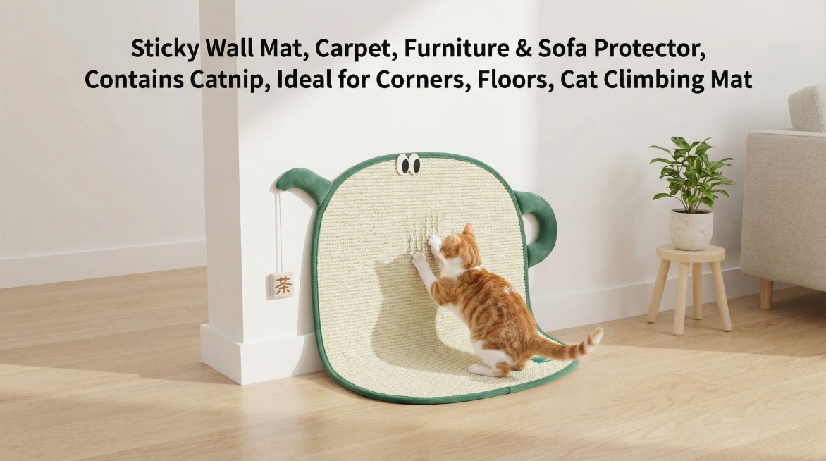 以图中的猫抓垫为元素,粘性墙垫 地毯 家具 沙发保护垫 含猫薄荷 适用于角落 地板 猫咪攀爬垫,设计6张跟猫抓垫有关的图，比例 「16:9」,物体主体特征不变,语言是英语预览效果