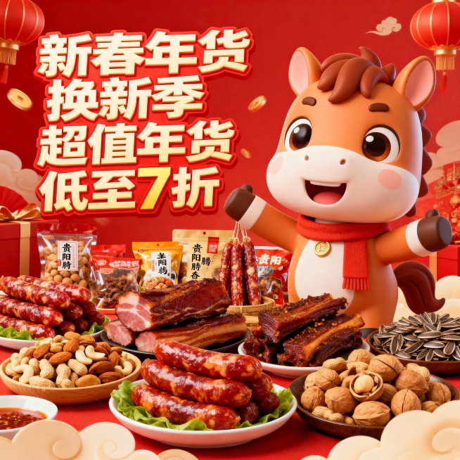 主题字体放左边，右边是卡通人物，全是吃的，不要衣服包包，可以是贵阳特色美食，如香肠腊肉，坚果零食等，卡通用小马3D形象，生动活泼预览效果