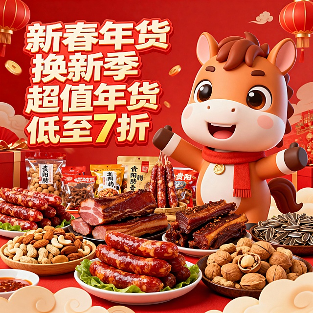 主题字体放左边，右边是卡通人物，全是吃的，不要衣服包包，可以是贵阳特色美食，如香肠腊肉，坚果零食等，卡通用小马3D形象，生动活泼