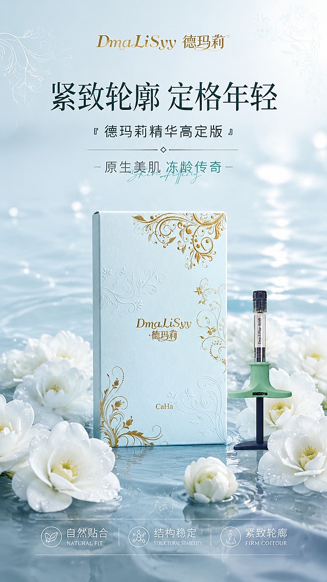 为德玛莉DmaLiSyy精华产品生成商品营销海报，100%还原第一张产品图的产品外形、包装、LOGO、印刷文字，完整保留原图中的盒型、轮廓、结构、比例、标签版式、品牌logo、材质质感、颜色与正面朝向，包装、配色、产品结构与标签布局均与上传图保持一致。保留第二张参考图的版式骨架、水纹花卉高级氛围、版式分区比例、构图和字体层级，换入本次产品和文案。顶栏放置品牌名"DmaLiSyy 德玛莉"，主标题为"紧致轮廓 定格年轻"，副标题为"德玛莉精华高定版"，产品放置在画面中下部，被白色花朵环绕放置在水面上，前景装饰带水珠的白色山茶花，卖点在底部："自然贴合" "结构稳定" "紧致轮廓"，装饰文案为"原生美肌 冻龄传奇"，整体为清透高级轻奢风格，冷调水润质感，侧前方柔光，文字清晰不遮挡产品主体，版式精美，宽高比9:16，4K超高清。