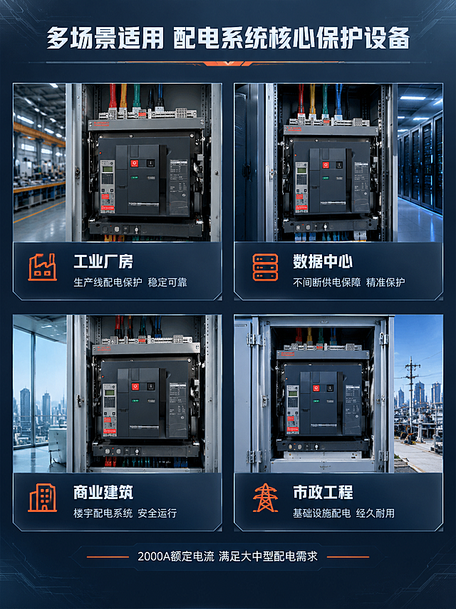 [商品] 使用【图1】施耐德NW20 H1万能式框架断路器；保留全部结构、颜色、Logo和铭牌文字。
[画面] 详情页第5张 应用场景页，目标展示广泛适用范围。2x2宫格场景布局，4个场景方格等分布局，每个方格内上方为场景图+断路器融入场景，下方为场景名称和说明。4个场景分别为：左上-工业厂房配电房，右上-数据中心机房，左下-商业建筑配电室，右下-市政工程配电。每个场景中断路器自然安装在配电柜内。
[视觉] 套系策略：风格=工业科技风 专业严谨商业摄影；标题字=方正硬朗无衬线粗体；正文字=简洁无衬线体；主色=深蓝灰；背景延展=基于深蓝灰做深浅渐变、同色层级和细腻电路纹理质感；强调色=橙红色，仅用于小面积图标、引线和标签；标题色=白色；正文色=浅灰色；组件=深色半透明信息卡、细线引线、科技感图标；光影=每个场景内光线自然真实，产品融入场景光影一致。
[文字] 顶部通栏主标题：「多场景适用 配电系统核心保护设备」，白色粗体大字。4个场景方格下方标签分别为：「工业厂房 生产线配电保护 稳定可靠」「数据中心 不间断供电保障 精准保护」「商业建筑 楼宇配电系统 安全运行」「市政工程 基础设施配电 经久耐用」。每个标签标题白色加粗，说明浅灰色小号。底部小字：「2000A额定电流 满足大中型配电需求」。
[规格] 比例3:4竖版，宽度1500px高度2000px，4K分辨率，避免变形、错字、文字过小、产品结构失真、颜色偏差、水印、平台Logo、场景虚假。