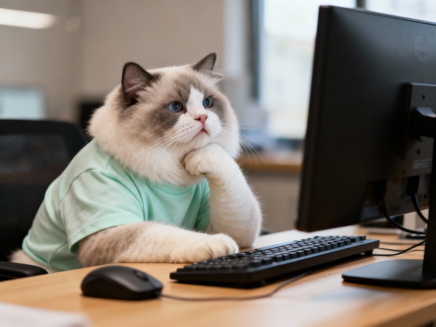 一只圆脸布偶猫，穿着淡淡的浅绿色短袖，托着下巴正专注地看着电脑屏幕，脸上带着焦虑的表情，仿佛在打工，场景逼真，照片质感预览效果