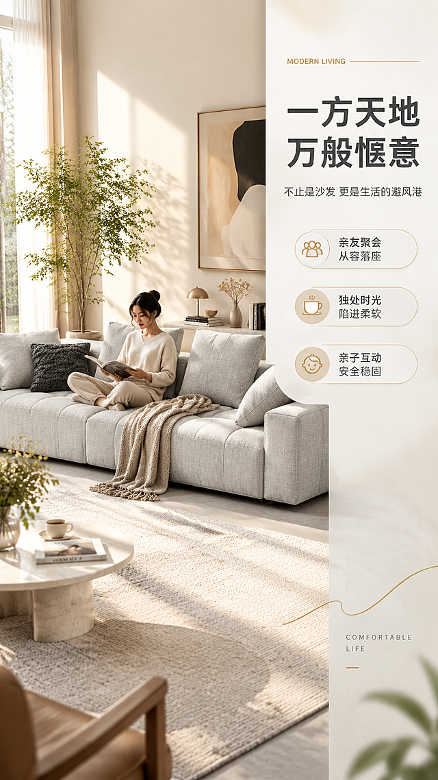 [商品] 使用【图1】浅灰色模块羽绒沙发；保留整体结构、模块组合、低趴造型、浅灰色布艺面料、靠枕形态；修复：自然理顺面料褶皱，增强布艺纹理质感，不改变颜色和结构。
[画面] 目标：场景氛围页，强化生活方式与风格调性。右文左景版式，左侧约3/5为温馨客厅场景，右侧2/5为文案区；一位亚洲女性盘腿坐在沙发上看书，旁边放着一杯咖啡和一本杂志，阳光从侧面洒进来，营造慵懒惬意的午后氛围；背景有艺术挂画、绿植、针织毯等软装，层次丰富；沙发占画面约45%，正面微侧角度。
[视觉] 套系策略：风格=现代极简轻奢家居商业摄影；标题字=现代无衬线粗体（思源黑体Heavy）；正文字=简洁无衬线体（思源黑体Regular）；主色=暖白+浅灰；背景延展=基于暖白浅灰做深浅层级、同色渐变和细腻哑光质感；强调色=香槟金，仅用于小面积图标、引线、标签和装饰线条；标题色=深炭灰；正文色=中暖灰；组件=圆角浅底信息卡、细金线引线、胶囊形卖点框；光影=右侧暖自然光，柔和漫射，营造温馨氛围。
[文字] 右侧文案区：主标题「一方天地 万般惬意」（大字号深炭灰），副标题「不止是沙发 更是生活的避风港」（中号中暖灰），下方3条生活场景卖点：「亲友聚会 从容落座」「独处时光 陷进柔软」「亲子互动 安全稳固」，每条配小图标，文字横排，层级清晰，手机端可读。
[规格] 图片比例9:16竖版，分辨率4K，quality=medium。避免变形、错字、文字过小、冷蓝背景、沙发颜色改变、结构失真、极限词。