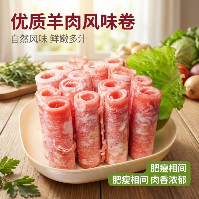 [主图 1] 优质羊肉风味卷点击率首图，自然新鲜生鲜展示
[氛围/风格] 生鲜写实风格，自然暖阳逆光，强烈食欲感，新鲜诱人质感，干净清爽背景
[画面元素] 原图片的羊肉卷保持完整外观，放置在餐盘中，右预览效果
