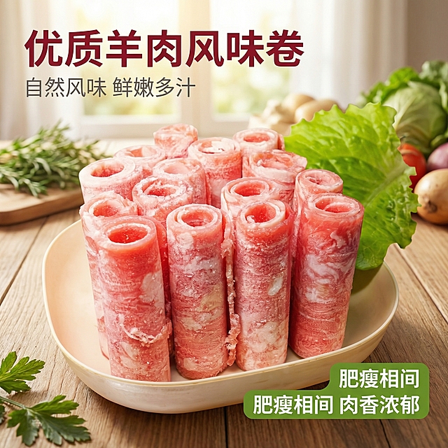 [主图 1] 优质羊肉风味卷点击率首图，自然新鲜生鲜展示
[氛围/风格] 生鲜写实风格，自然暖阳逆光，强烈食欲感，新鲜诱人质感，干净清爽背景
[画面元素] 原图片的羊肉卷保持完整外观，放置在餐盘中，右侧搭配新鲜生菜点缀，背景为简约干净的生鲜食材场景，光影突出羊肉肥瘦相间的纹理，整体画面无边框大图满铺
[配色色系] 主色调：羊肉自然粉红色；辅助色：生菜鲜绿色、餐具米白色
[视角构图] 平视构图，景深适中，羊肉卷主体占据画面中心，突出视觉焦点
[文字版式] 左上角主标题 "优质羊肉风味卷" 粗体深红字，副标题 "自然风味 鲜嫩多汁" 小号浅灰字，右下角悬浮标签 "肥瘦相间 肉香浓郁" 白色字绿色底，文字均不遮挡产品主体，整体清晰易读
[比例分辨率] 1:1 比例，2k 分辨率，保留原产品外观不变，优化整体光影和背景