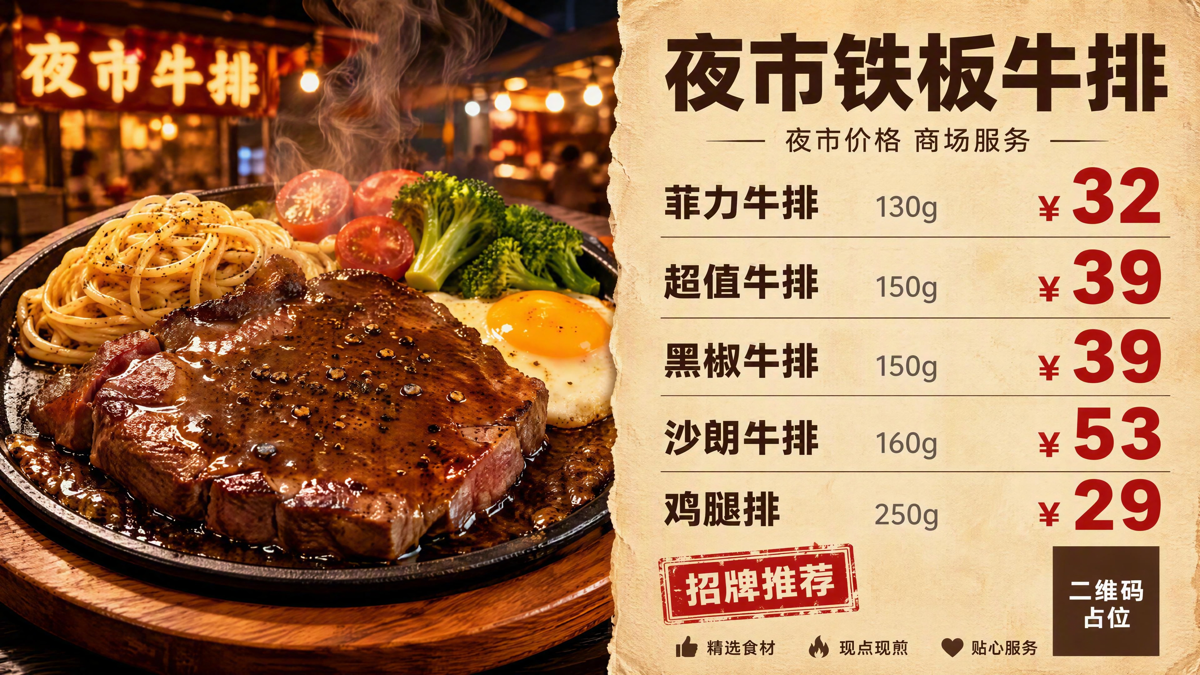 夜市铁板牛排菜单海报，16:9横版，4K超高清品质。左侧约45… - 图片创意预览