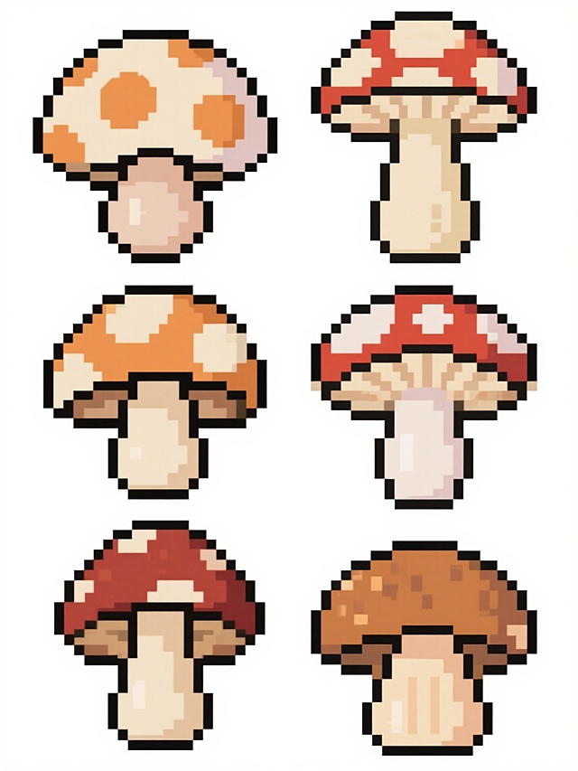 8-bit像素艺术风格，6个不同品种、不同样式、不同外观的蘑菇，每个蘑菇均由清晰锐利的方形像素块构成，具有鲜明的轮廓线和有限的色彩过渡，色彩明快且边缘清晰，蘑菇的菌盖形状、斑点图案、菌柄细节各具特色，整体排列整齐对称，置于纯白色背景之上，保持像素艺术的复古游戏视觉质感，无文字、LOGO及二维码元素。