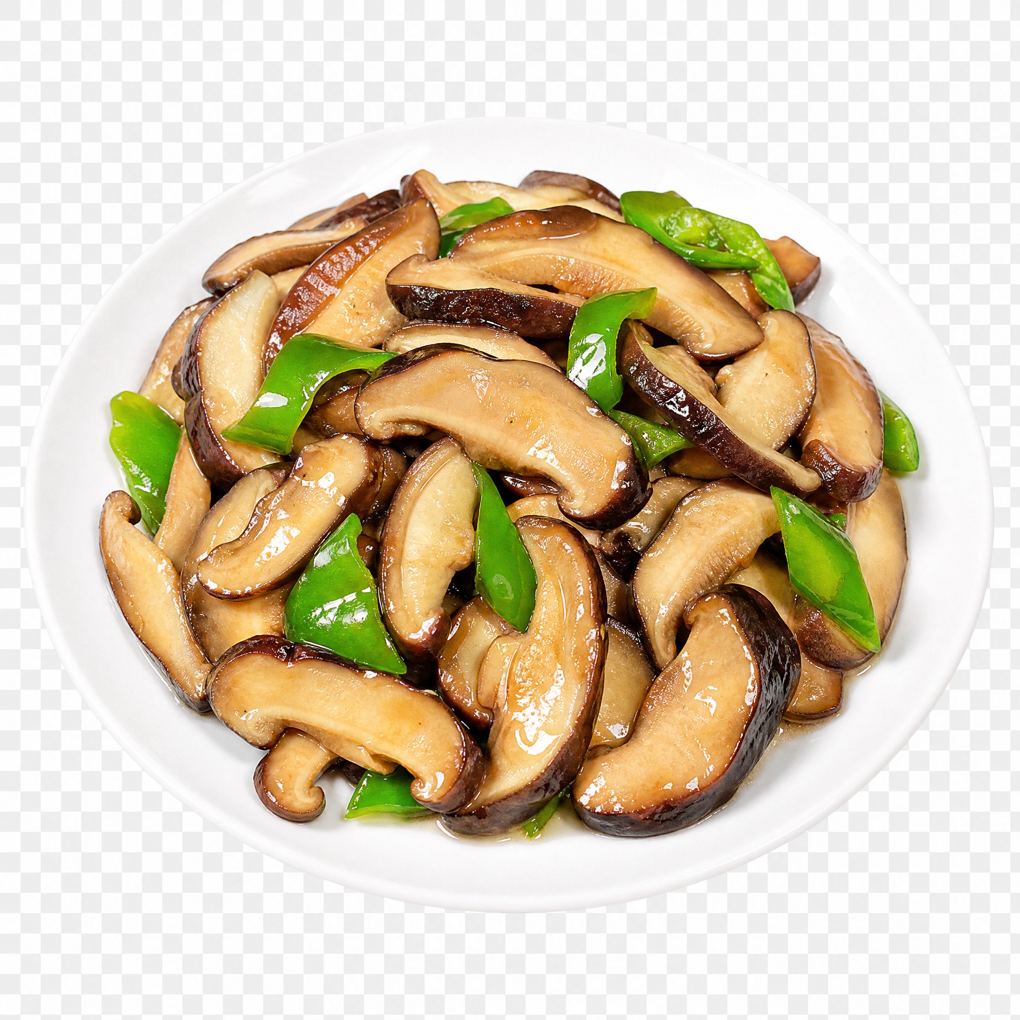 炒香菇，一盘清炒香菇，香菇切片厚实饱满，表面油亮有光泽，配有少… - 图片创意预览