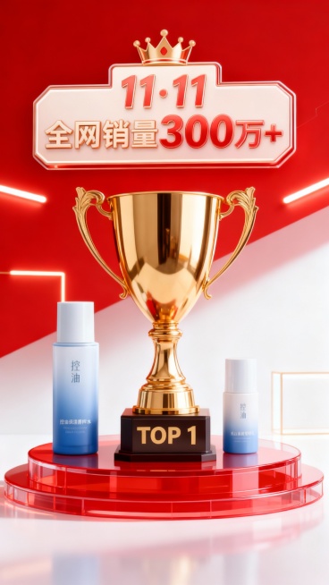 画面中心是一个底座印着“TOP 1”的大型金色奖杯，奖杯位于红色圆形透明展台上，商品位于奖杯一侧，画面上方是大型长方形立体文字牌“11·11 全网销量300万+”，皇冠元素装饰文字牌，红白渐变背景，几预览效果