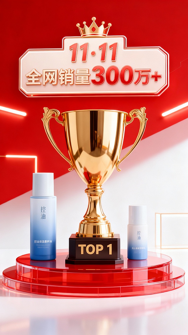 画面中心是一个底座印着“TOP 1”的大型金色奖杯，奖杯位于红色圆形透明展台上，商品位于奖杯一侧，画面上方是大型长方形立体文字牌“11·11 全网销量300万+”，皇冠元素装饰文字牌，红白渐变背景，几何灯管装饰，美妆轻奢氛围。