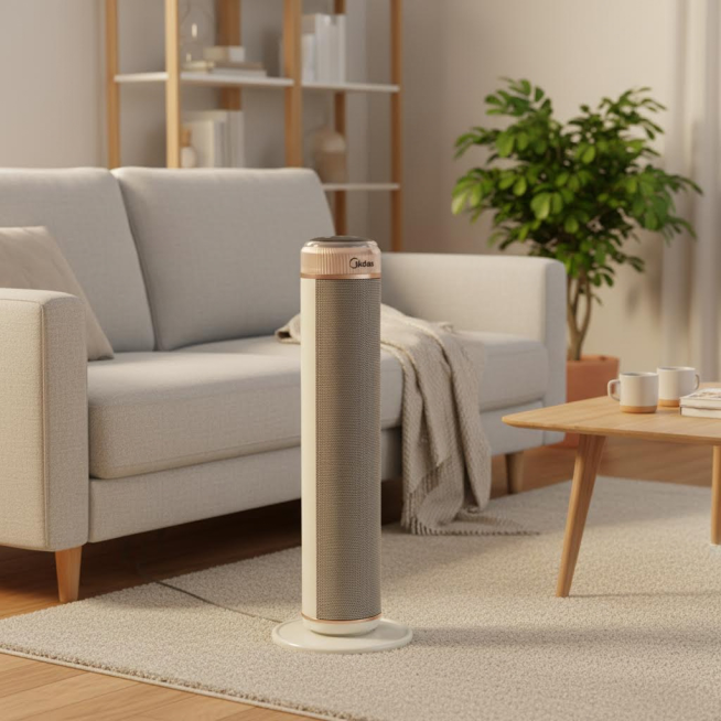 温馨客厅场景：米白色格力取暖器置于沙发旁，暖光氛围，突出家用舒适感，适合电商详情页预览效果