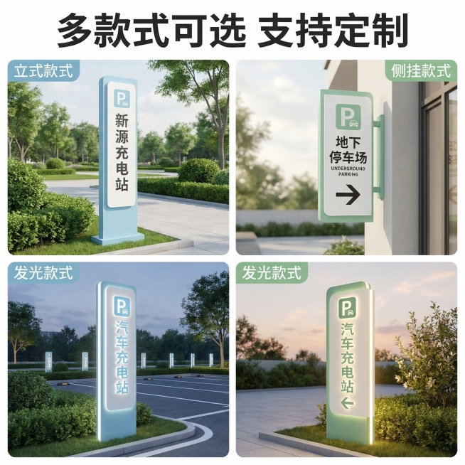 基于「图片1」，生成一套主图（5张），商品为户外定制发光充电站新能源导向指示牌导视牌指引牌道路标识立牌，商品核心卖点是厂家直销免费设计专业定制 可开发票，氛围/风格是舒适简约、家居治愈，适配拼多多平台预览效果