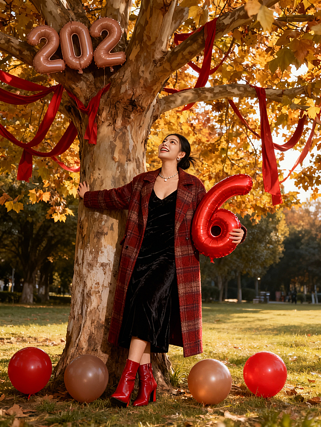强氛围感（暖光斜射人物，格纹面料与红唇泛柔光），2026年份主题户外人像；画面主体为身着咖红格纹长款大衣的成年女性（内搭黑色丝绒连衣裙，搭配红色高跟短靴），左手持红色数字“6”气球，右手轻扶树干，倚树斜靠，仰头大笑露锁骨；背景为户外草地公园的梧桐大树（枝叶泛黄，挂红色绸带），树上悬挂咖色数字“202”气球，地面点缀4个红咖配色圆球气球；自然柔和户外暖光，风格为复古松弛人像写真，主色调咖红+黑，中景构图，人物占画面核心。