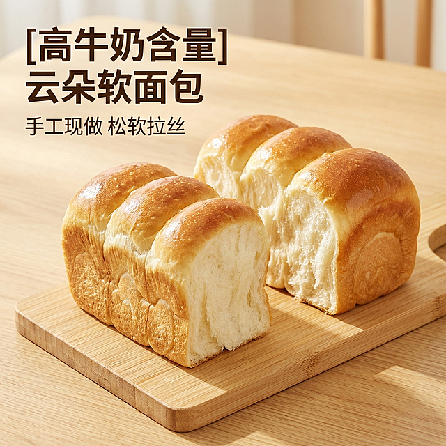 [主图 1] 云朵牛奶面包首图，场景化展示
[氛围风格] 自然清新，突出食欲感和新鲜烘焙氛围
[画面元素] 商业摄影质感、光线柔和通透、产品清晰真实、画面干净高级。两个云朵牛奶面包并排摆放在浅木色竹制砧板上，保留产品原本的金黄色泽和松软蓬松的内部组织，突出拉丝绵密的质感。背景为干净温馨的浅木色餐桌，自然暖阳逆光，营造手工新鲜健康的氛围。产品完整居中，大图无边框
[配色色系] 主色调：暖金黄色（面包）、浅木色（砧板/背景）；辅助色：奶白色（面包内心）
[视角构图] 平视角度，景深适中，主体突出
[文字版式] 左上负空间左对齐，保留安全边距。主标题 “[高牛奶含量] 云朵软面包” 深棕色粗体，字号最大。副标题 “手工现做 松软拉丝” 字号约为主标题一半，深棕色。文字不遮挡主体，清晰易读
[比例分辨率] 1:1 比例，2k 分辨率，超高清，文字清晰可辨
[负向提示词] 变形，水印，文字错乱，产品图模糊，背景杂乱，牛皮癣，配色刺眼