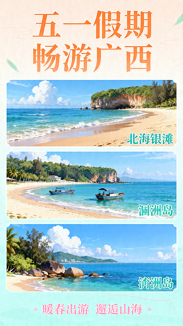 竖版长图，广西五一旅游官方宣传海报，五一假期出游广西，包含北海银滩、涠洲岛景点，清新国风文旅动漫风格，大气治愈，干净排版，文字留白充足，适合公众号推文长图，高清精致，节日喜庆不浮夸，暖春氛围感，广西文旅官方质感，动漫版