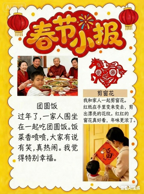 在剪纸马图片下方添加文字：“剪窗花
我和家人一起剪窗花。红纸在手里变来变去，剪出漂亮的花纹。红红的窗花真好看，年味更浓了。”，字体为工整的手写体，颜色为黑色预览效果