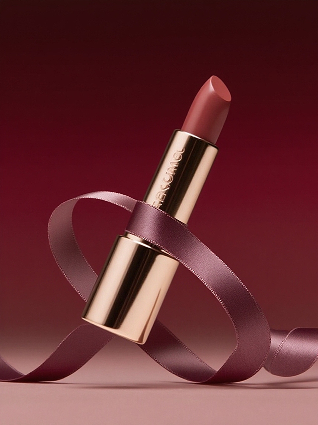 暗红色渐变背景，产品周围有一根豆沙色丝带缠绕