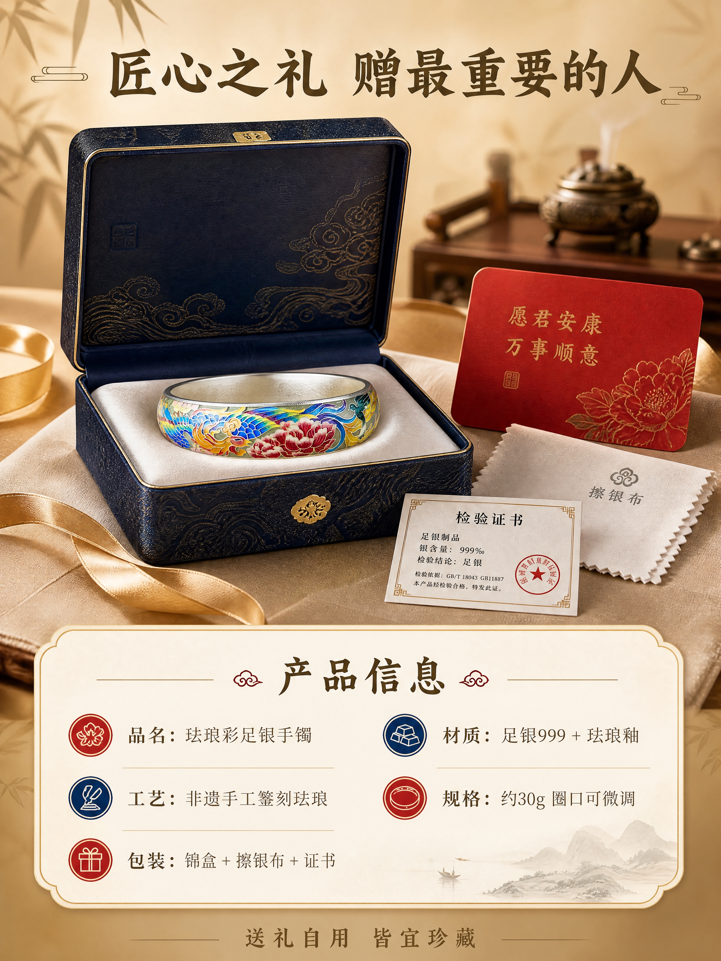[商品] 使用【图1】凤穿牡丹纹珐琅彩足银手镯；保留镯身结构、… - 图片创意预览