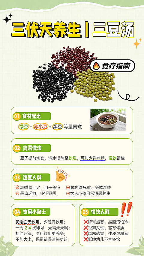 三伏天养生三豆汤养生科普健康食谱分享竖版海报