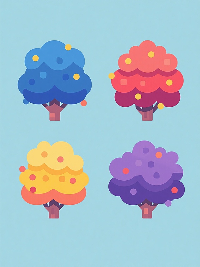 一套由四个完全不同造型的卡通风格灌木丛组成的系列素材集合，每个灌木丛均保持原有的圆角轮廓、多层次叶片堆叠结构、边缘小圆形点缀和块状体积感，采用纯色背景，整体色彩变换为四个不同色调（如蓝色调、红色调、黄色调、紫色调），所有元素规整排布，保持统一的扁平化设计风格和简洁明快的视觉效果。