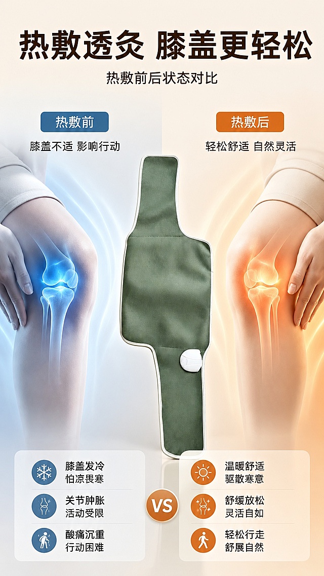 [第4屏] 功效对比页-热敷前后膝盖状态对比。本屏使用【图3】作为主体展示。
[氛围/风格] 对比直观清晰，专业透视图解风格，暖冷对比突出变化。
[元素布局] 左右分栏对比，左侧展示问题状态，右侧展示改善后状态，中间放置产品直立展示，上下分布标题和底部信息块，产品结构颜色和参考图保持一致。
[光影质感] 分区光影清晰，左右对比明显，整体光影自然不突兀。
[配色色系] 全局底色 #F8F0E3，左侧冷蓝色调衬托问题，右侧暖橙色调衬托改善，文字深棕色清晰可读。
[视角构图] 水平分栏对比，中心放置产品，左右对称结构，视觉对比强烈。
[文字版式] 顶部主标题「热敷透灸 膝盖更轻松」，左侧信息块「寒凉沉重 膝盖肿大」，右侧信息块「轻松行走 舒展自然」，文字大小适中，移动端清晰可读，不遮挡对比主体。
[比例分辨率] 9:16 竖版比例，4K分辨率，文字清晰可辨，高清画质。
[负向提示词] 产品变形，颜色偏差，文字错乱，左右对比混淆，夸大宣传。